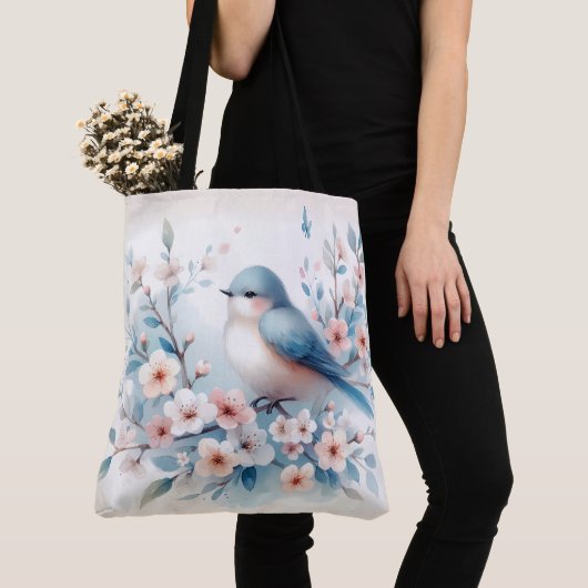 Tote Bag Bluebird Blossom Watercolor Serenity (De près)