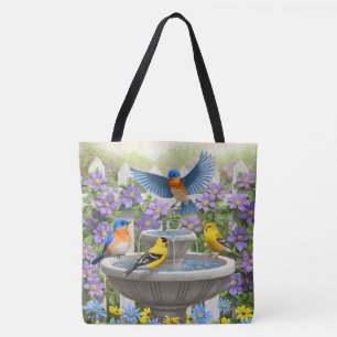 Tote Bag Bluebirds Goldfinches et fontaine Birdbath