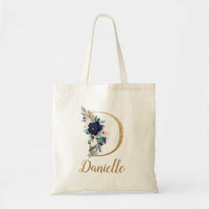 Tote Bag Blush Floral Lettre D Or Bleu Marine