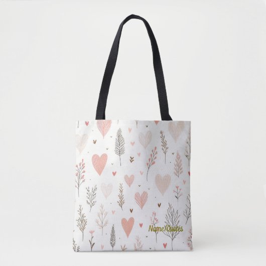 Tote Bag Blush Hearts & Botanical Seamless Pattern (Devant)