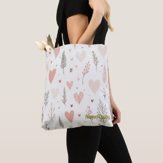 Tote Bag Blush Hearts & Botanical Seamless Pattern