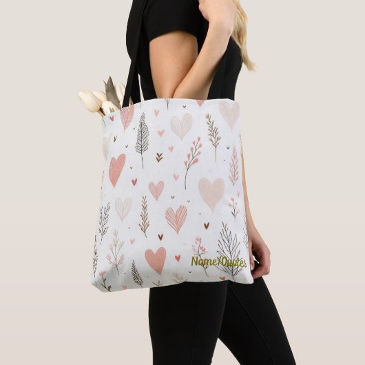 Tote Bag Blush Hearts & Botanical Seamless Pattern (De près)