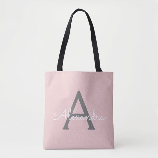 Tote Bag Blush Pink Grey Nom Girl Script Monogramme Moderne (Devant)
