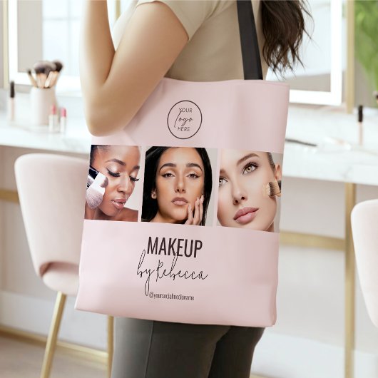 Tote Bag Blush Pink Modern 3 Photo Makeup Studio Logo