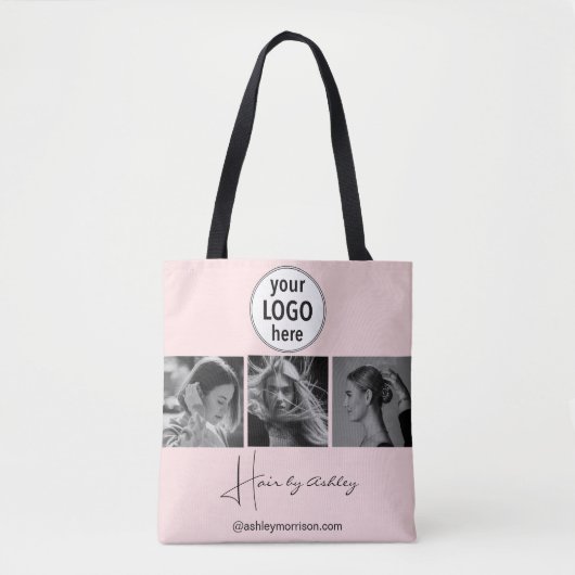 Tote Bag Blush Pink Photo Black Script Hair Stylist  (Devant)