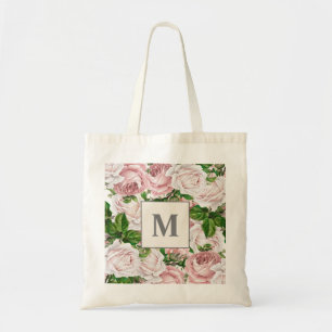 Tote Bag Blush Rose Crème Fleur Monogramme Initiale