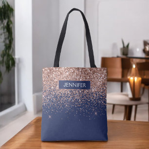 Tote Bag Blush Rose Gold Navy Blue Paillettes Monogramme