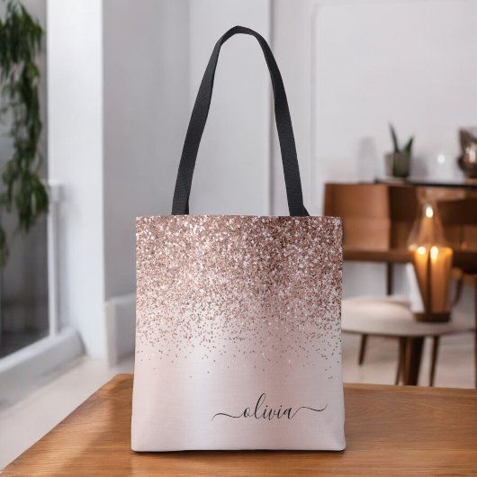 Tote Bag Blush Rose Gold Pailleté Élégant Monogramme