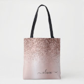 Tote Bag Blush Rose Gold Pailleté Élégant Monogramme (Devant)