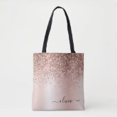 Tote Bag Blush Rose Gold Pailletés Élégant Monogramme (Devant)