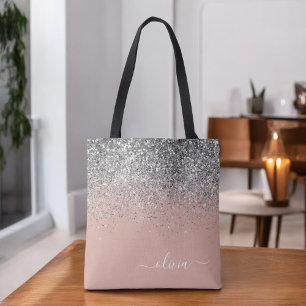 Tote Bag Blush Rose Gold Rose Pâle Argent Paillettes Monogr