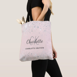 Tote Bag Blush rose paillettes argent monogramme nom