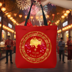 Tote Bag Bœuf du zodiaque chinois Rouge/Or ID542