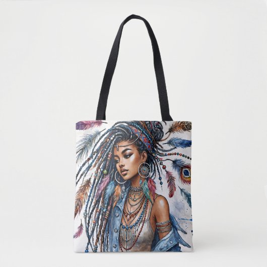 Tote Bag Boheme Black Woman Aquarelle Boho Art (Devant)