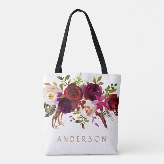 Tote Bag Bohème Bourgogne Marsala Aquarelle Florale (Dos)