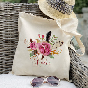 Tote Bag Bohème florale et plume Demoiselles d'honneur Pers