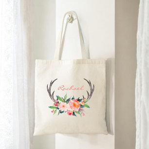Tote Bag Bohème Rustique Fleurs et Bois de Cerf avec Nom