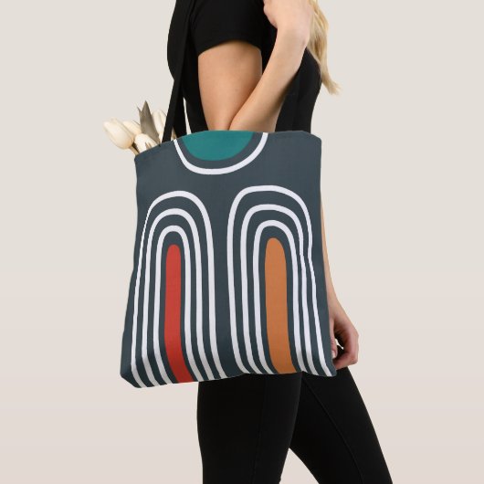 Tote Bag Boho abstract rainbow art in blue background (De près)