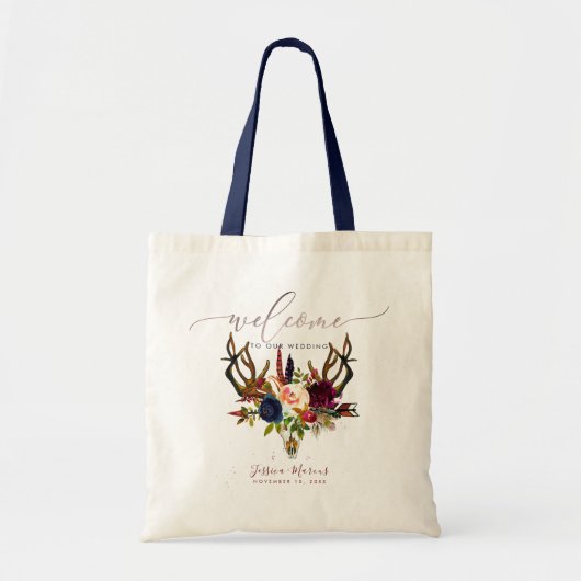 Tote Bag Boho Antlers+Fleurs de Bourgogne du crâne Cadeaux  (Devant)