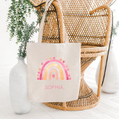 Tote Bag Boho Aquarelle arc-en-ciel en rose personnalisée