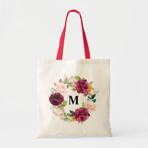Tote Bag Boho Aquarelle Bourgogne Florale Monogramme