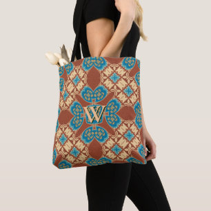 Tote Bag Boho Batik Cool Terre Bleu Motif Brown Monogramme