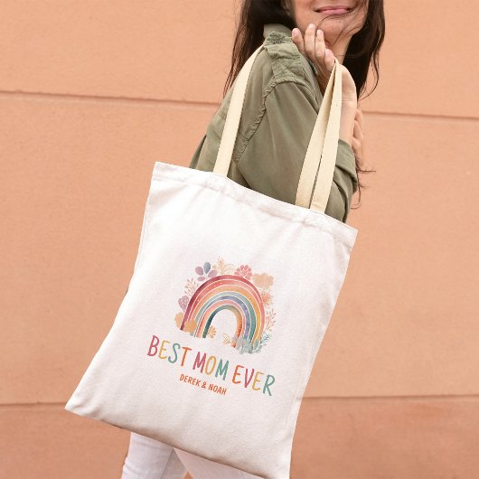 Tote Bag Boho Best Maman Ever Aquarelle Arc-en-ciel
