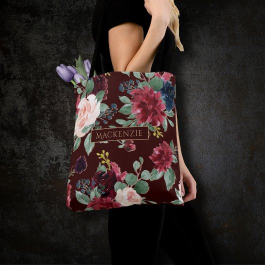 Tote Bag Boho Bloom | Blush bordeaux foncé et monogramme de