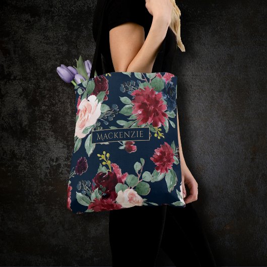 Tote Bag Boho Blooms | Coutume bleu marine foncé et bordeau