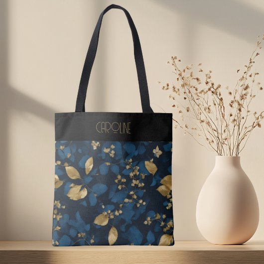 Tote Bag Boho Blue Black feuilles tendance chic
