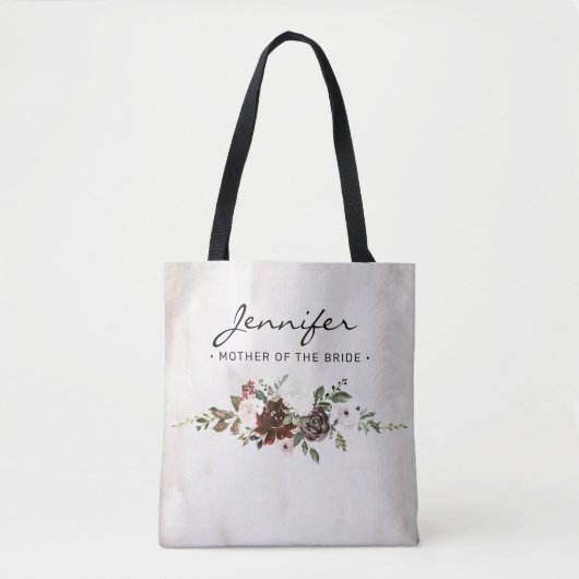 Tote Bag Boho Bourgogne rose floral Script Mère de mariée (Devant)