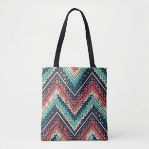 Tote Bag Boho Chevron Motif Zigzag turquoise, corail et c