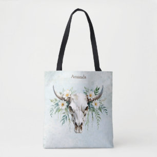 Tote Bag Boho Chic Aquarelle Florale Vache Crâne