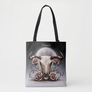 Tote Bag Boho Chic Aquarelle Romantique Floral Vache Crâne
