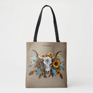 Tote Bag Boho Chic Aquarelle Tournesol Plumes Vache crâne