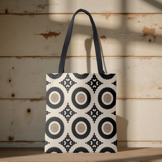 Tote Bag Boho Chic noir et beige Motif géométrique