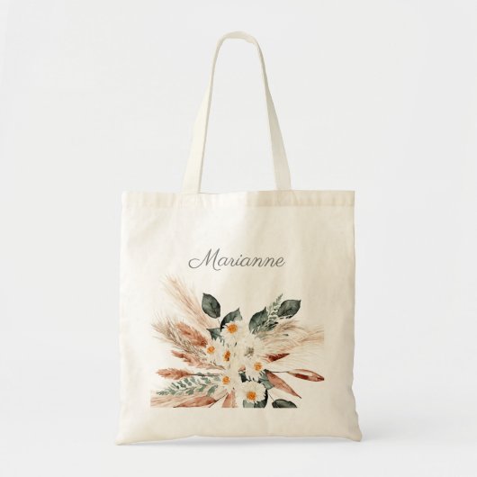 Tote Bag Boho Cuivre Pampas Grass & Beige Floral & Nom (Devant)
