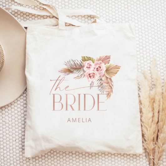 Tote Bag Boho Floral Pampas Rose Gold Bride
