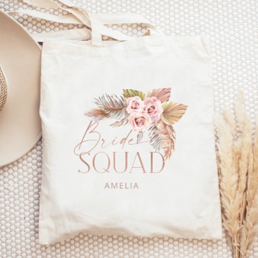 Tote Bag Boho Floral Pampas Rose Gold Bride Squad