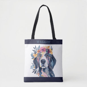 Tote Bag Boho Floral Spaniel Chien aquarelle Illustration