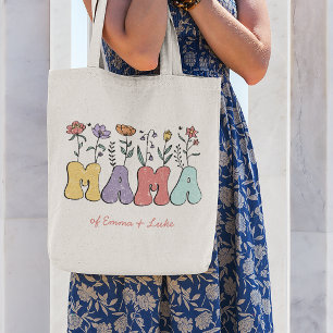 Tote Bag Boho Mama Texte avec Fleurs et Noms d'Enfants