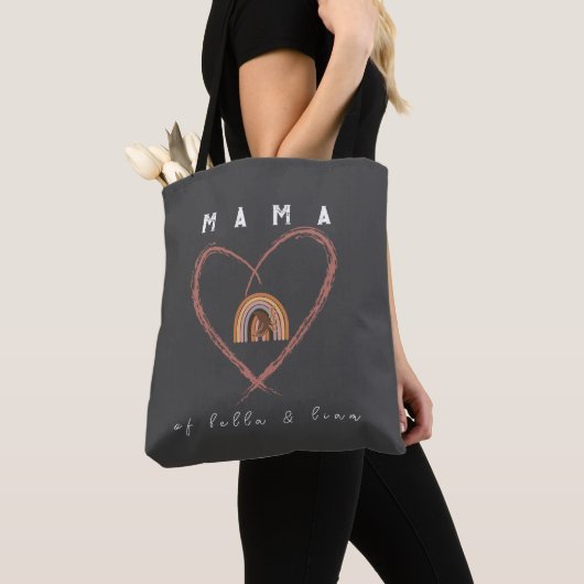 Tote Bag Boho Mama Texte avec plumes de lune et noms des en (De près)