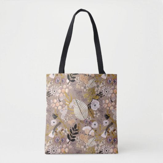 Tote Bag Boho noir blanc ligne de pêche or tiré feuille flo (Devant)