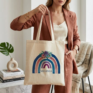 Tote Bag Boho personnalisé Arc-en-ciel avec Fleurs