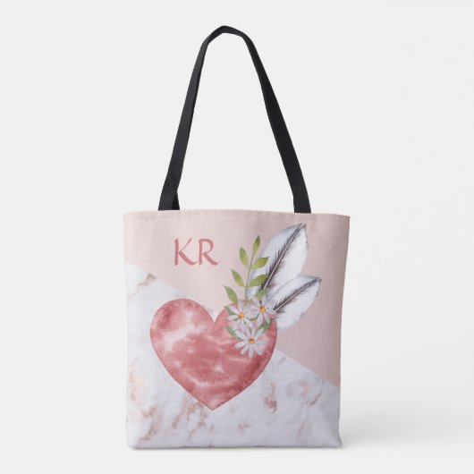 Tote Bag Boho Pink Heart Feaths Marble Motif Initiales (Dos)