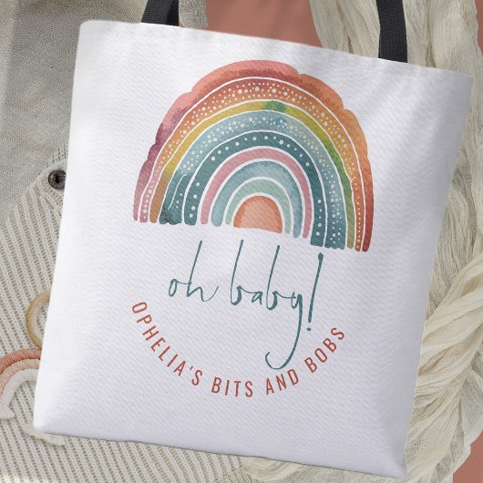 Tote Bag Boho Retro Rainbow Name Script Oh Baby