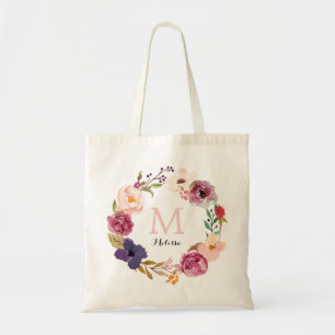 Tote Bag Boho rustique aquarelle Floral Wreath Monogramme