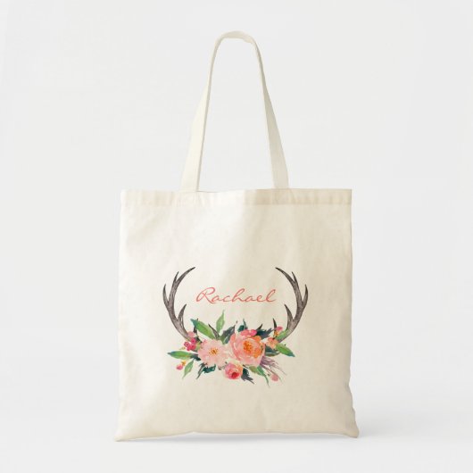 Tote Bag Boho Rustique Floral Antlers avec nom (Devant)