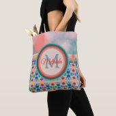 Tote Bag Boho Sky Turquoise, orange et Motif rose (De près)
