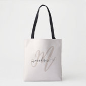 Tote Bag Boho Stylish Script Monogramme et nom en beige (Devant)